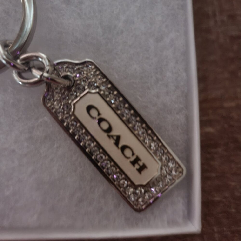 Coach Silver Rectangular Logo Key Ring with Rhinestone Border - Picture 13 of 15